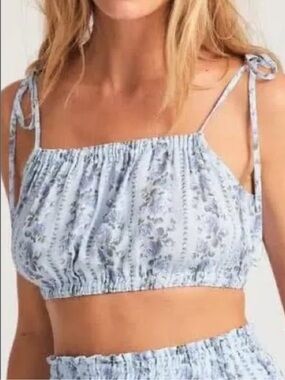 LoveShackFancy Light Blue Floral Tie-Strap Crop Top